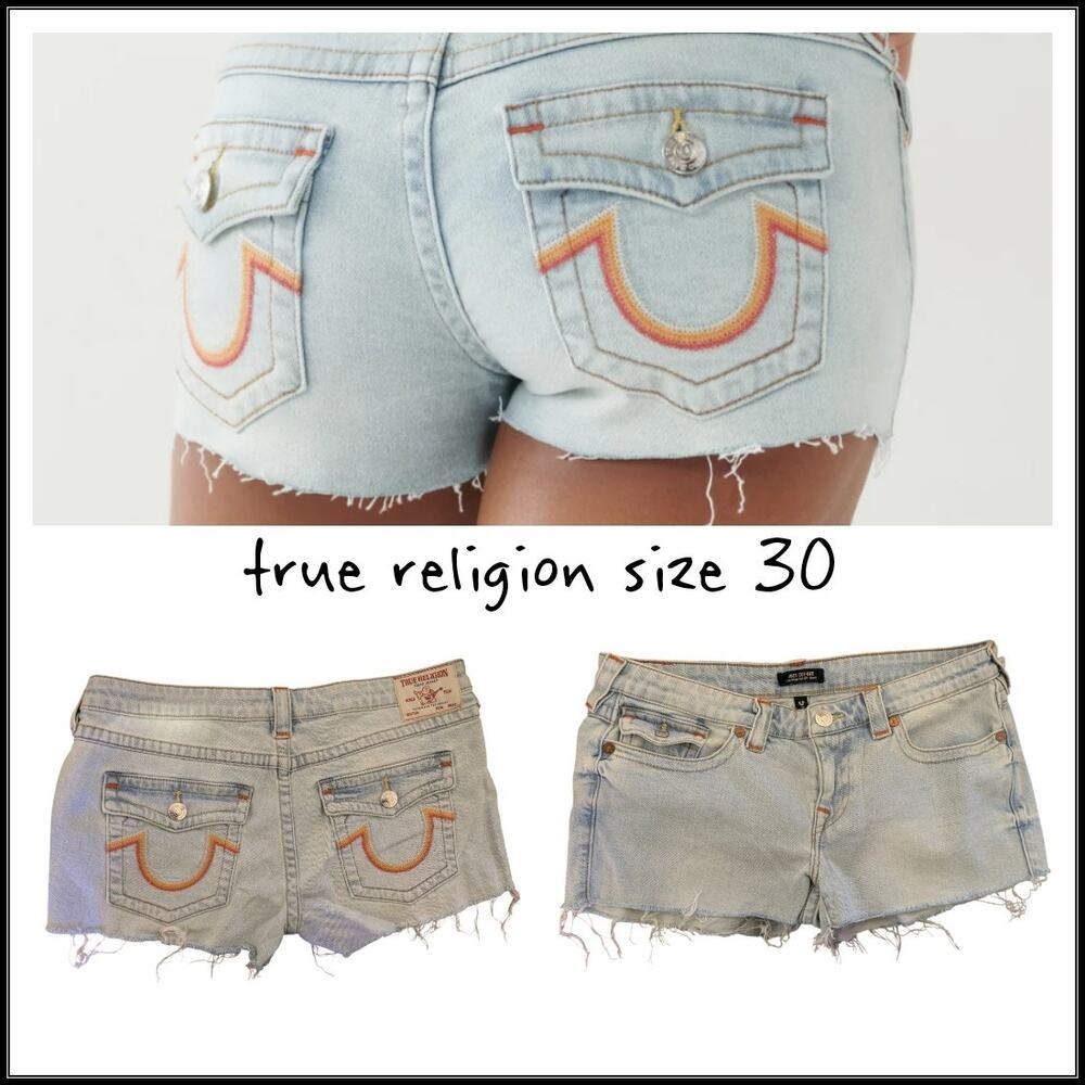 New TRUE RELIGION Joey Low Rise Cut Off Denim Jean Shorts Flap Pockets Women 30